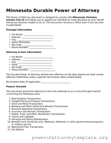 Legal Minnesota Durable Power of Attorney Template