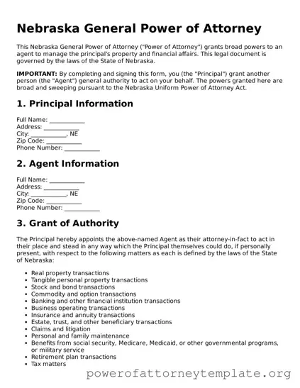 Legal Nebraska General Power of Attorney Template