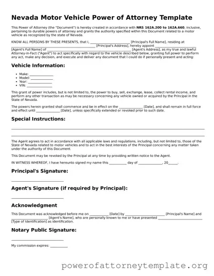 Legal Nevada Motor Vehicle Power of Attorney Template