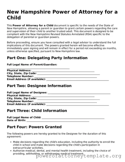 Legal New Hampshire Power of Attorney for a Child Template