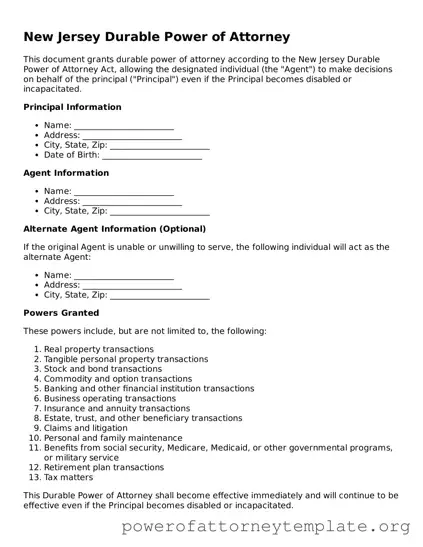 Legal New Jersey Durable Power of Attorney Template