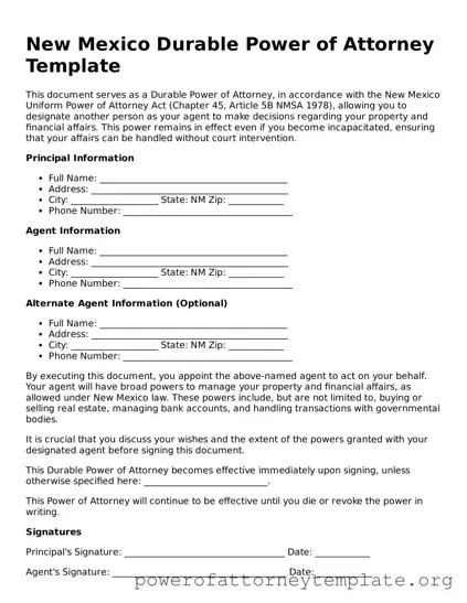 Legal New Mexico Durable Power of Attorney Template