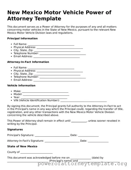 Legal New Mexico Motor Vehicle Power of Attorney Template