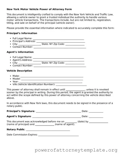 Legal New York Motor Vehicle Power of Attorney Template