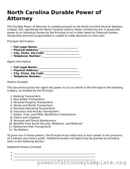 Legal North Carolina Durable Power of Attorney Template