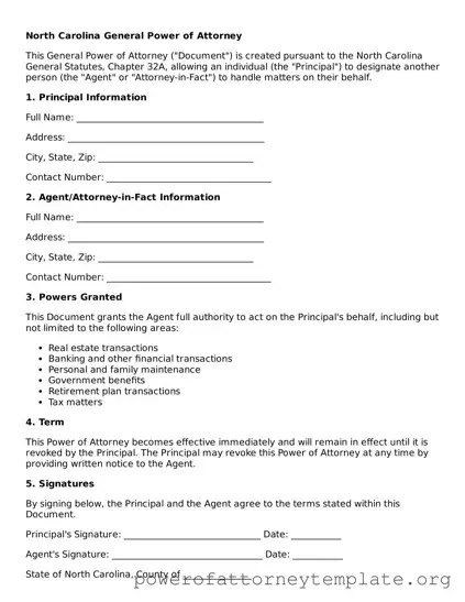 Legal North Carolina General Power of Attorney Template