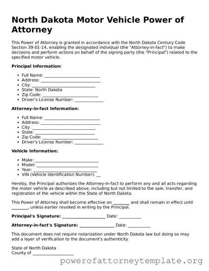 Legal North Dakota Motor Vehicle Power of Attorney Template