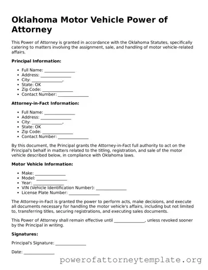 Legal Oklahoma Motor Vehicle Power of Attorney Template