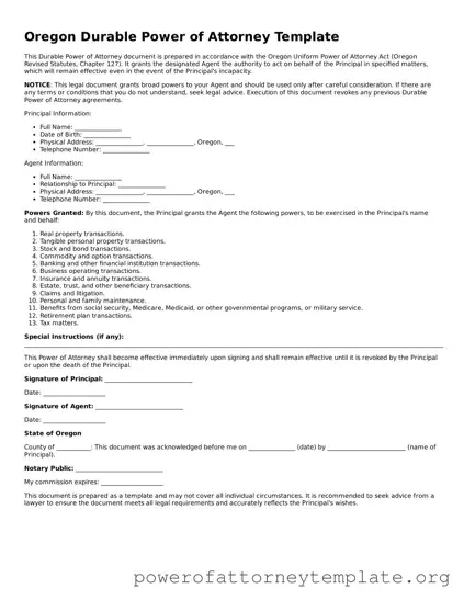 Legal Oregon Durable Power of Attorney Template