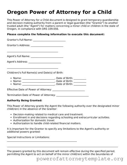 Legal Oregon Power of Attorney for a Child Template