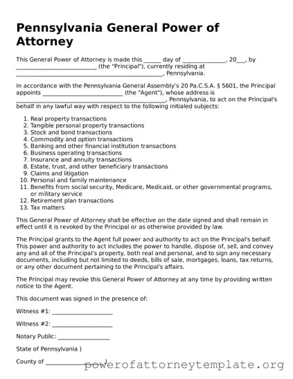 Legal Pennsylvania General Power of Attorney Template