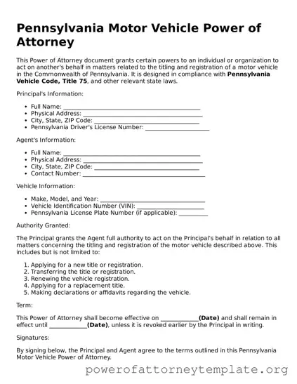 Legal Pennsylvania Motor Vehicle Power of Attorney Template