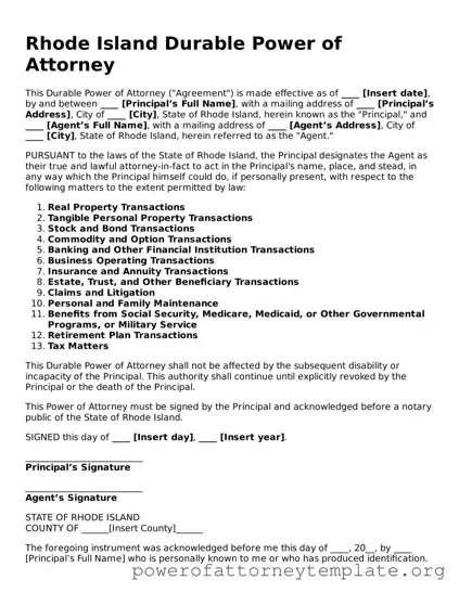 Legal Rhode Island Durable Power of Attorney Template