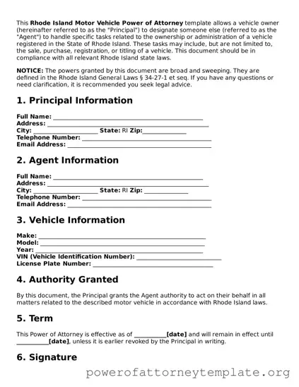 Legal Rhode Island Motor Vehicle Power of Attorney Template