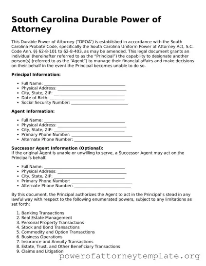 Legal South Carolina Durable Power of Attorney Template