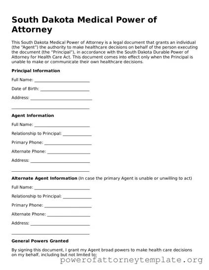 Legal South Dakota Medical Power of Attorney Template