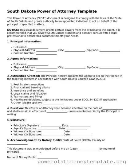 Legal South Dakota Power of Attorney Template