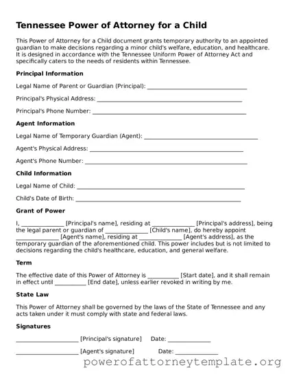 Legal Tennessee Power of Attorney for a Child Template