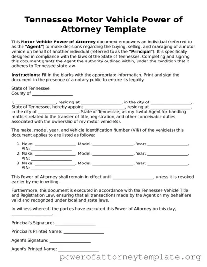 Legal Tennessee Motor Vehicle Power of Attorney Template