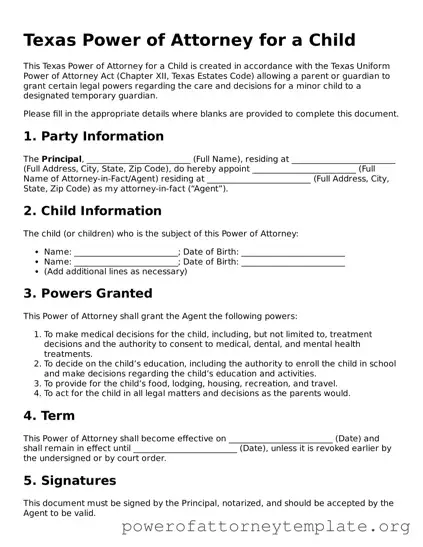 Legal Texas Power of Attorney for a Child Template