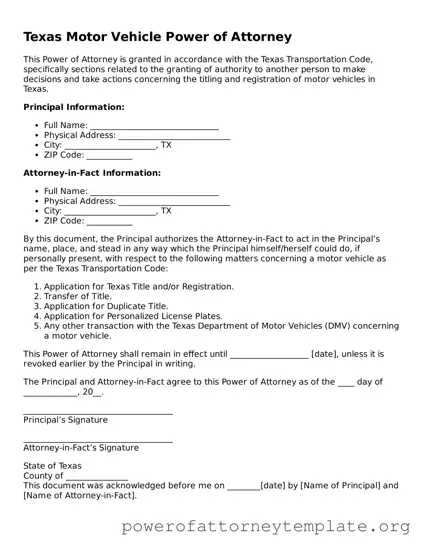 Legal Texas Motor Vehicle Power of Attorney Template