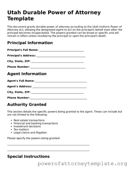 Legal Utah Durable Power of Attorney Template