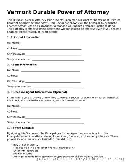 Legal Vermont Durable Power of Attorney Template