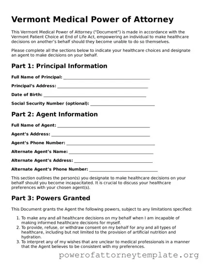Legal Vermont Medical Power of Attorney Template