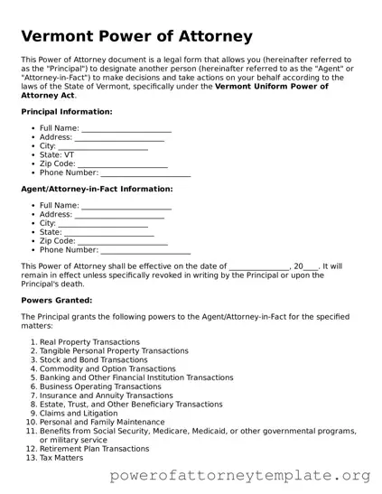 Legal Vermont Power of Attorney Template