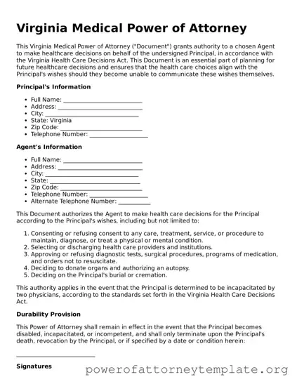 Legal Virginia Medical Power of Attorney Template