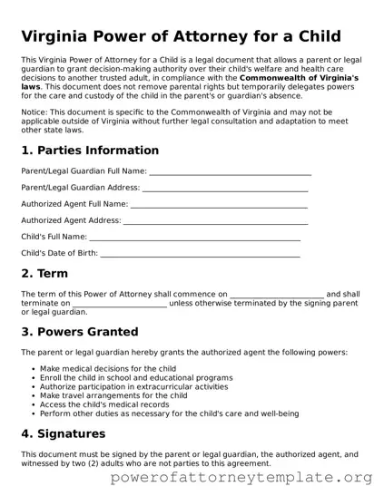 Legal Virginia Power of Attorney for a Child Template
