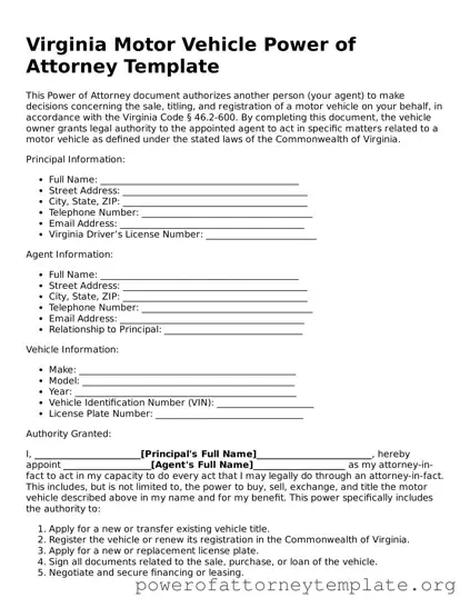 Legal Virginia Motor Vehicle Power of Attorney Template