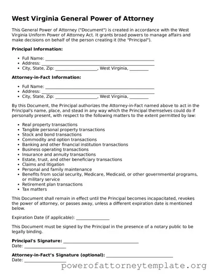 Legal West Virginia General Power of Attorney Template