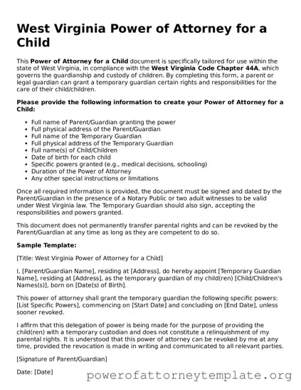 Legal West Virginia Power of Attorney for a Child Template
