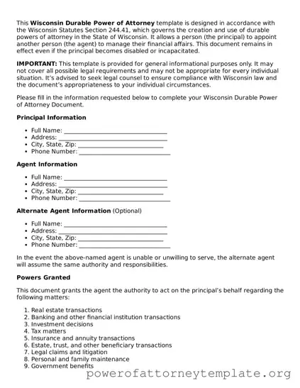 Legal Wisconsin Durable Power of Attorney Template