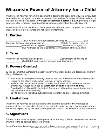 Legal Wisconsin Power of Attorney for a Child Template