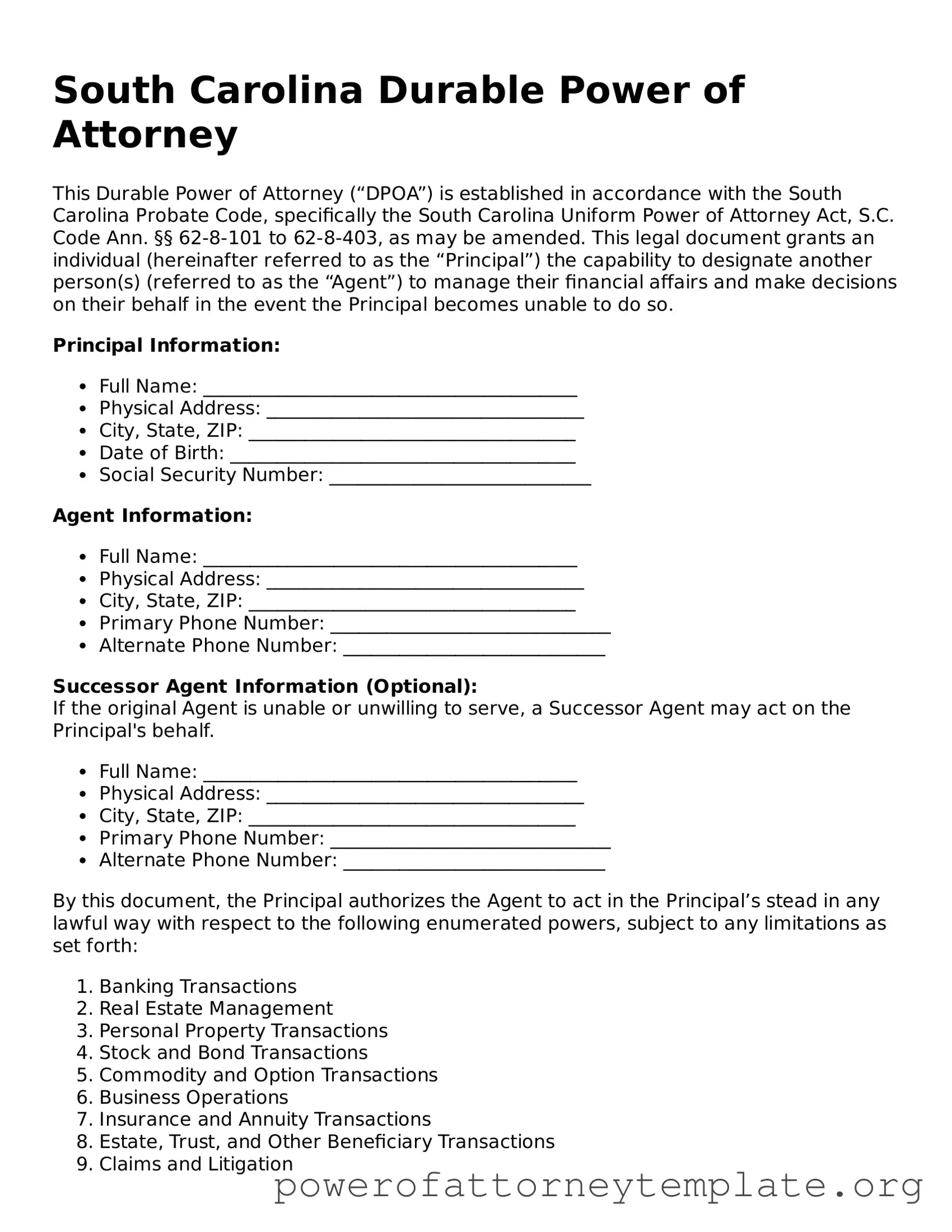Legal South Carolina Durable Power of Attorney Template