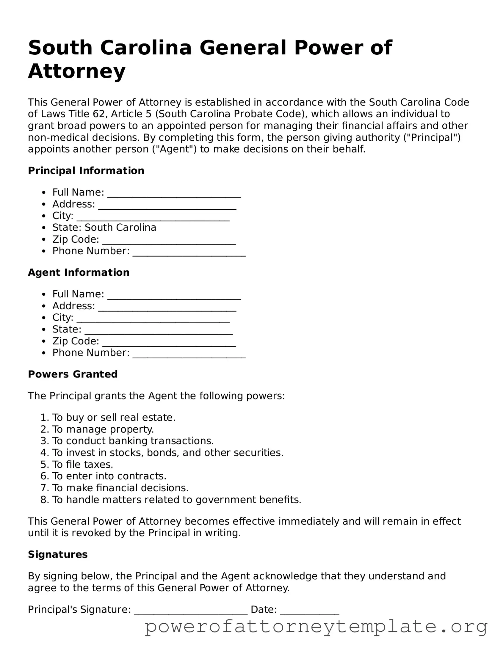 Legal South Carolina General Power of Attorney Template