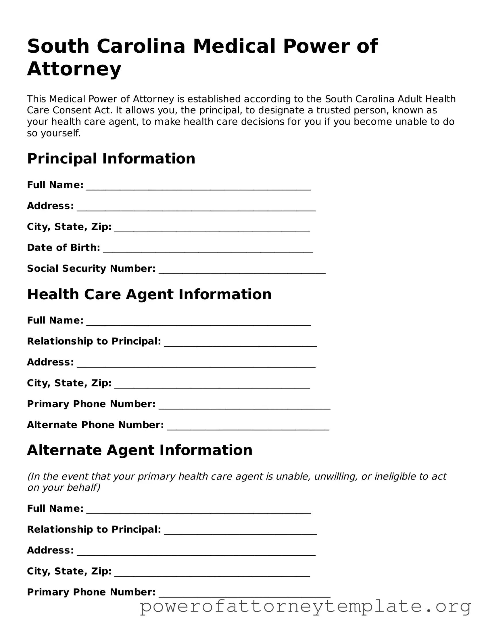 Legal South Carolina Medical Power of Attorney Template