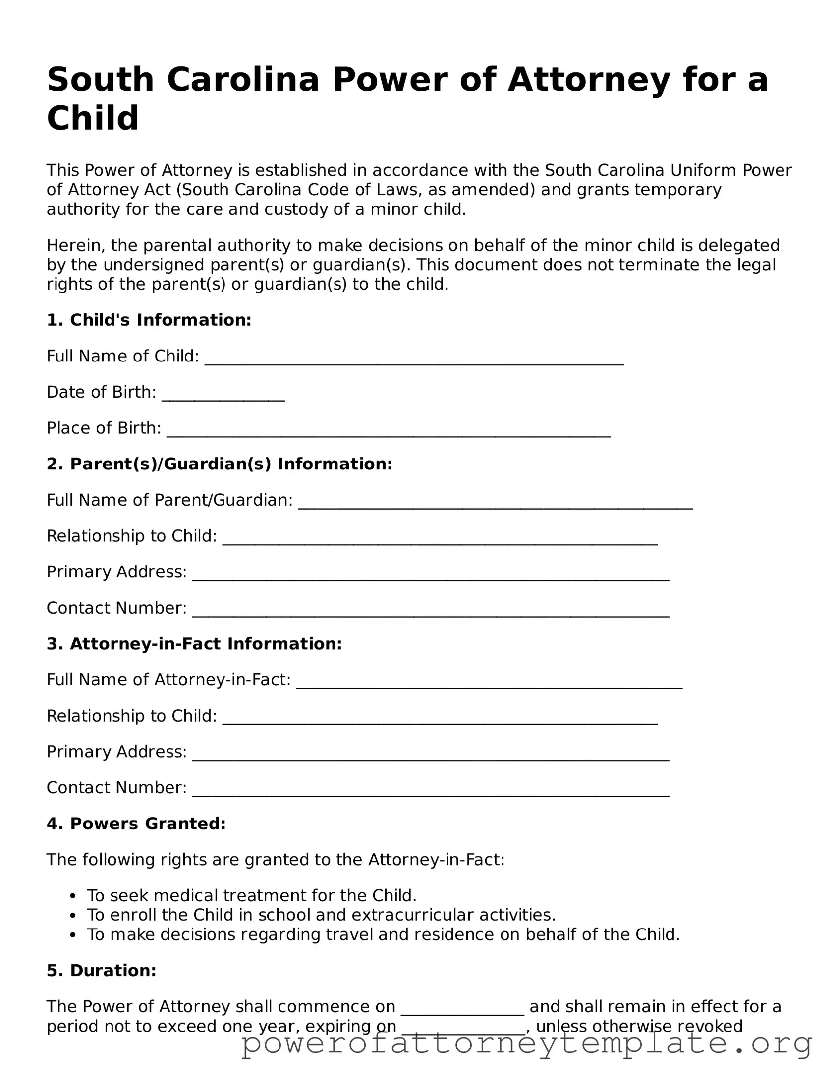 Legal South Carolina Power of Attorney for a Child Template