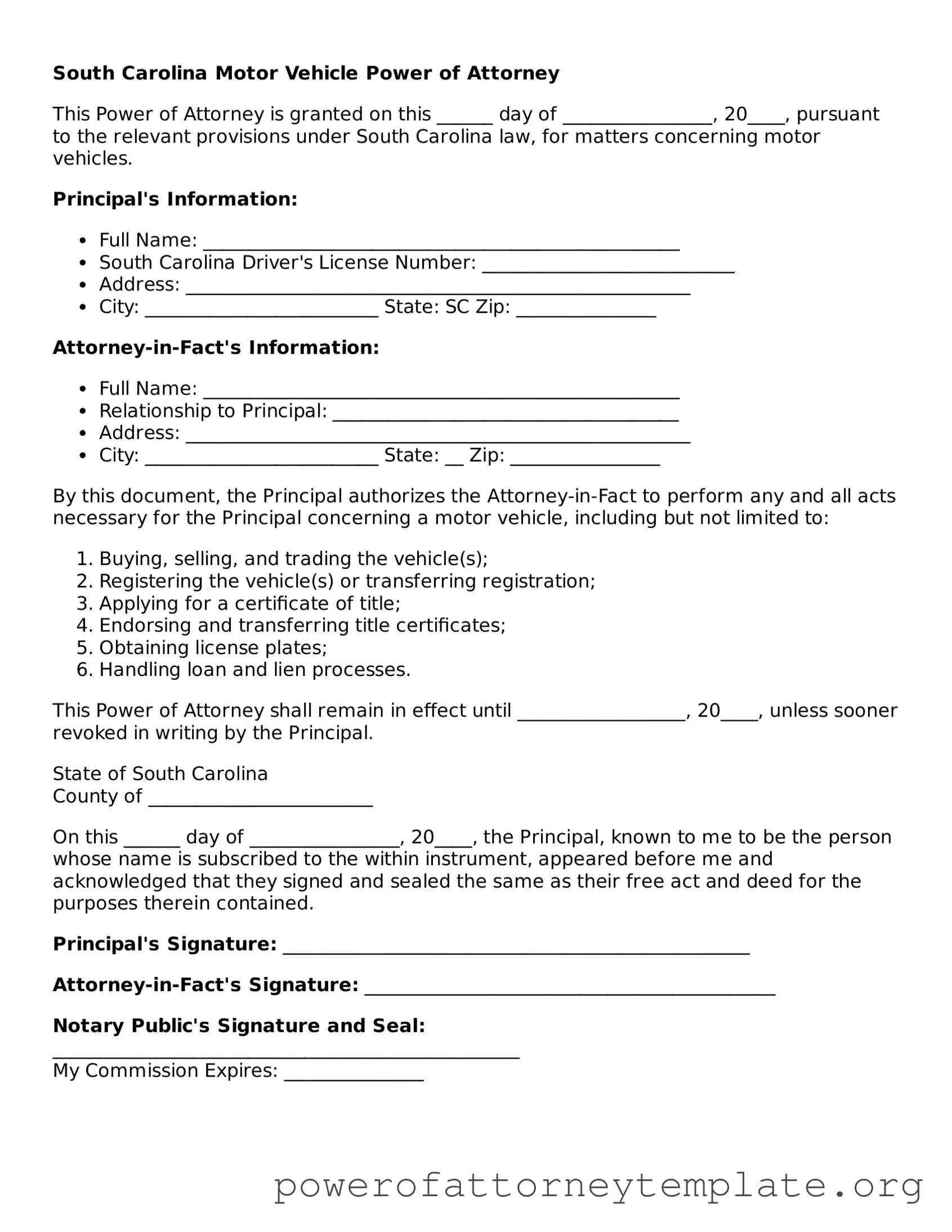 Legal South Carolina Motor Vehicle Power of Attorney Template