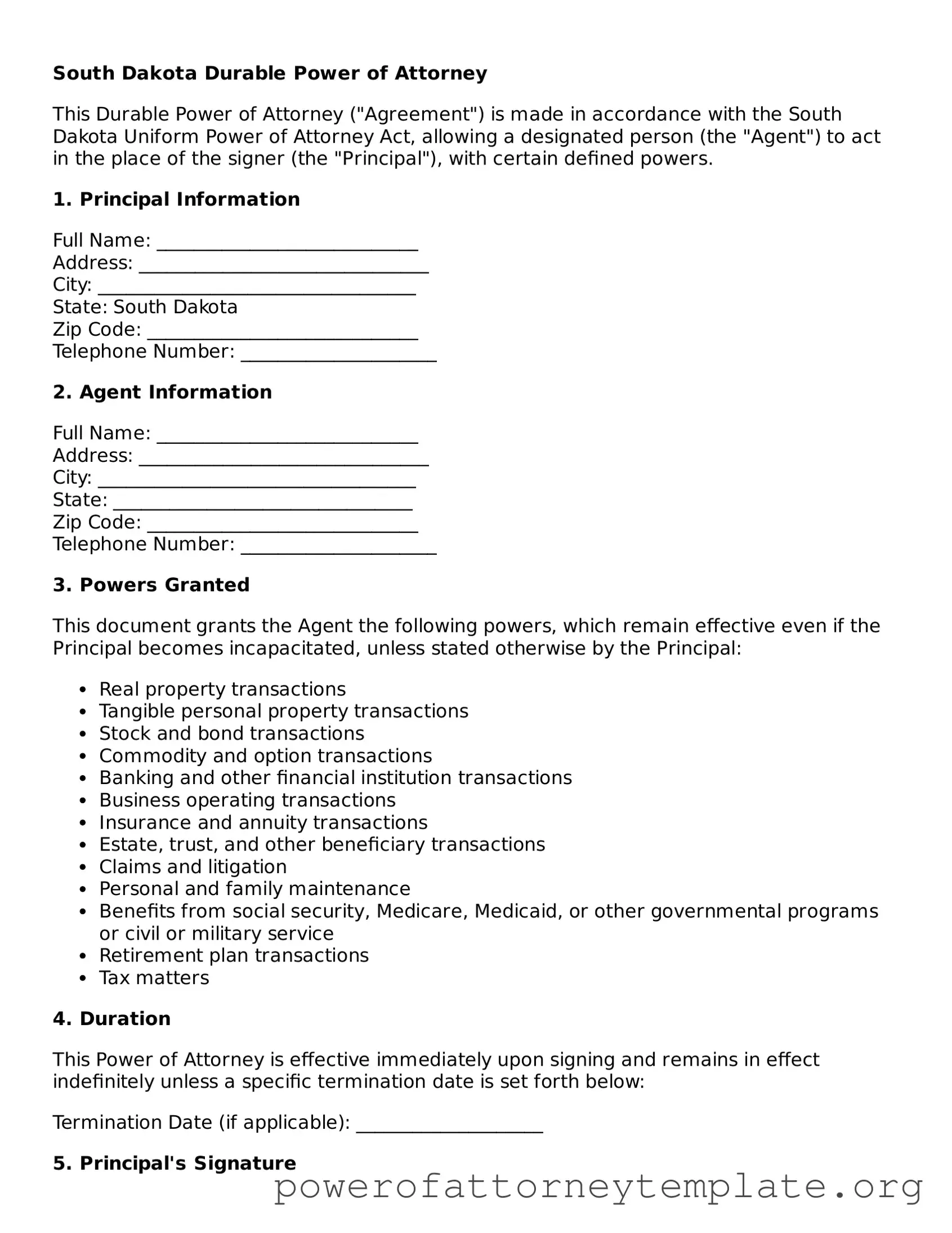 Legal South Dakota Durable Power of Attorney Template
