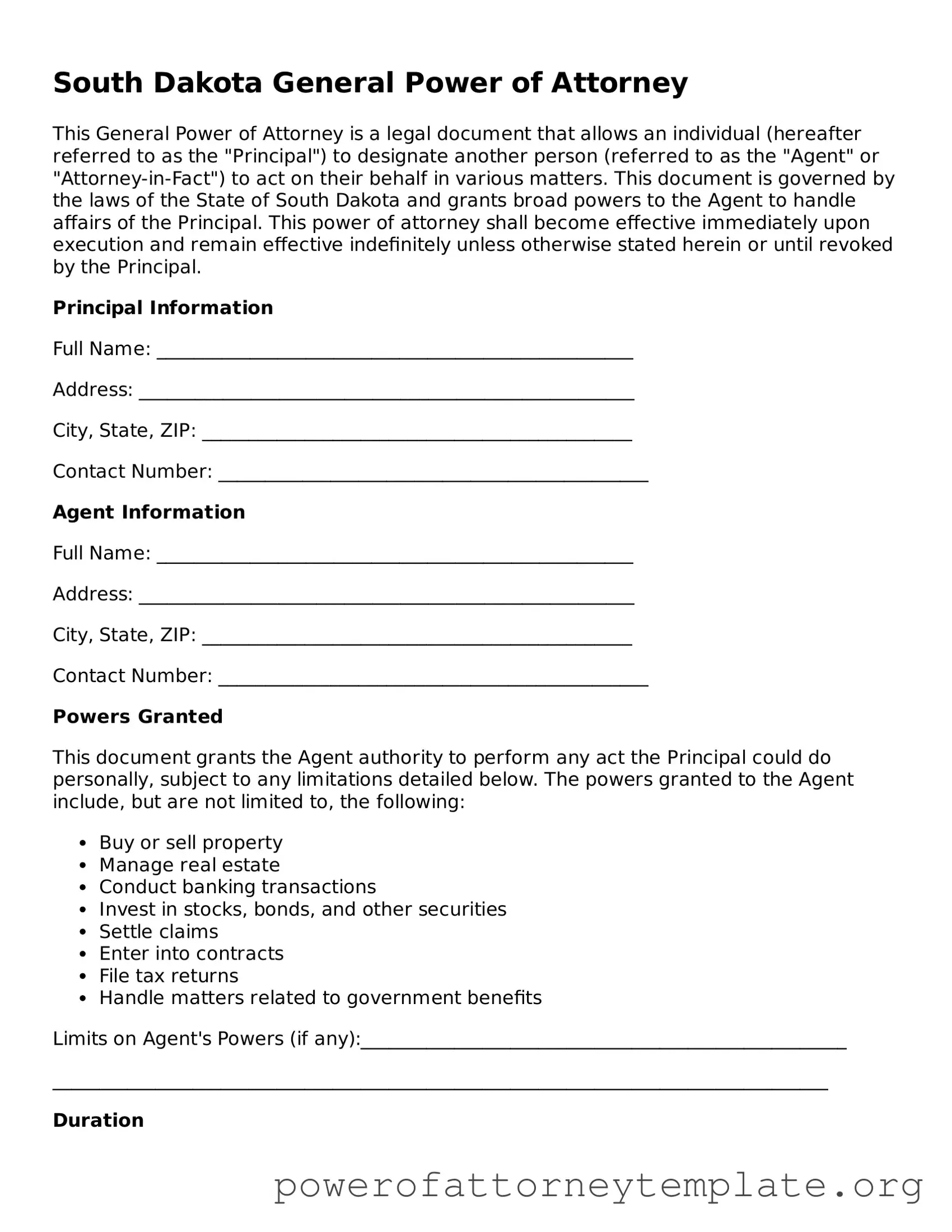 Legal South Dakota General Power of Attorney Template