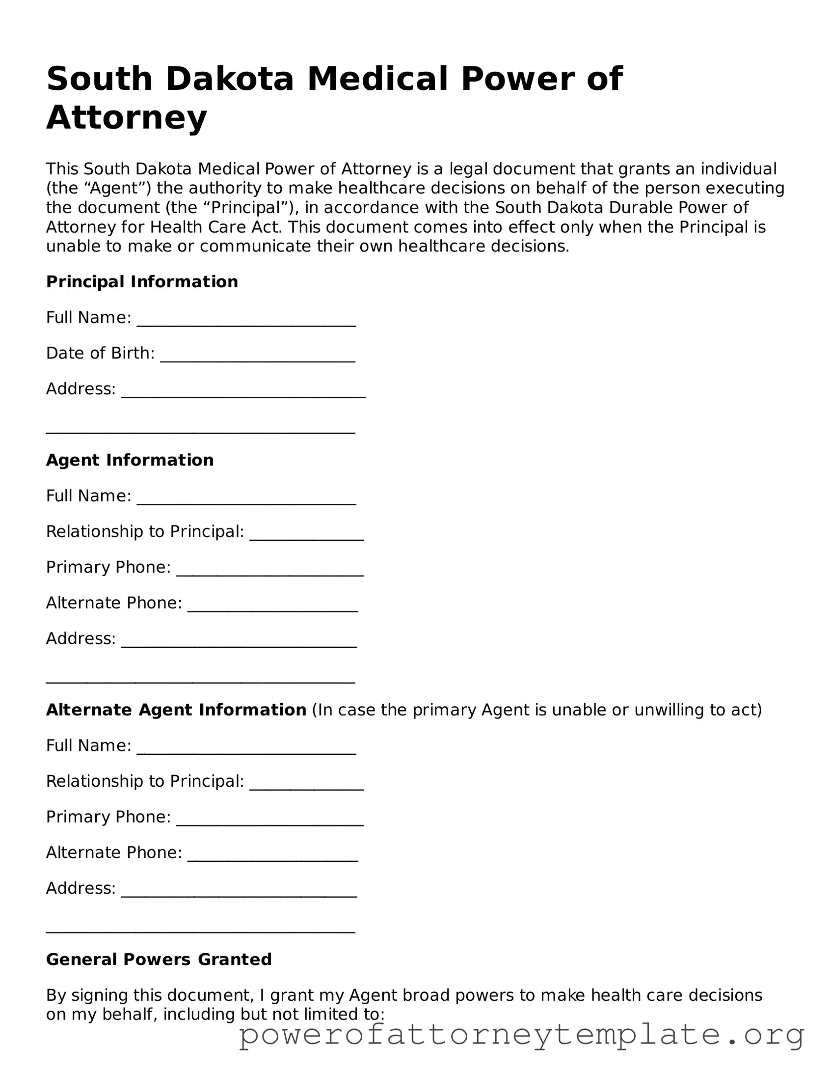 Legal South Dakota Medical Power of Attorney Template