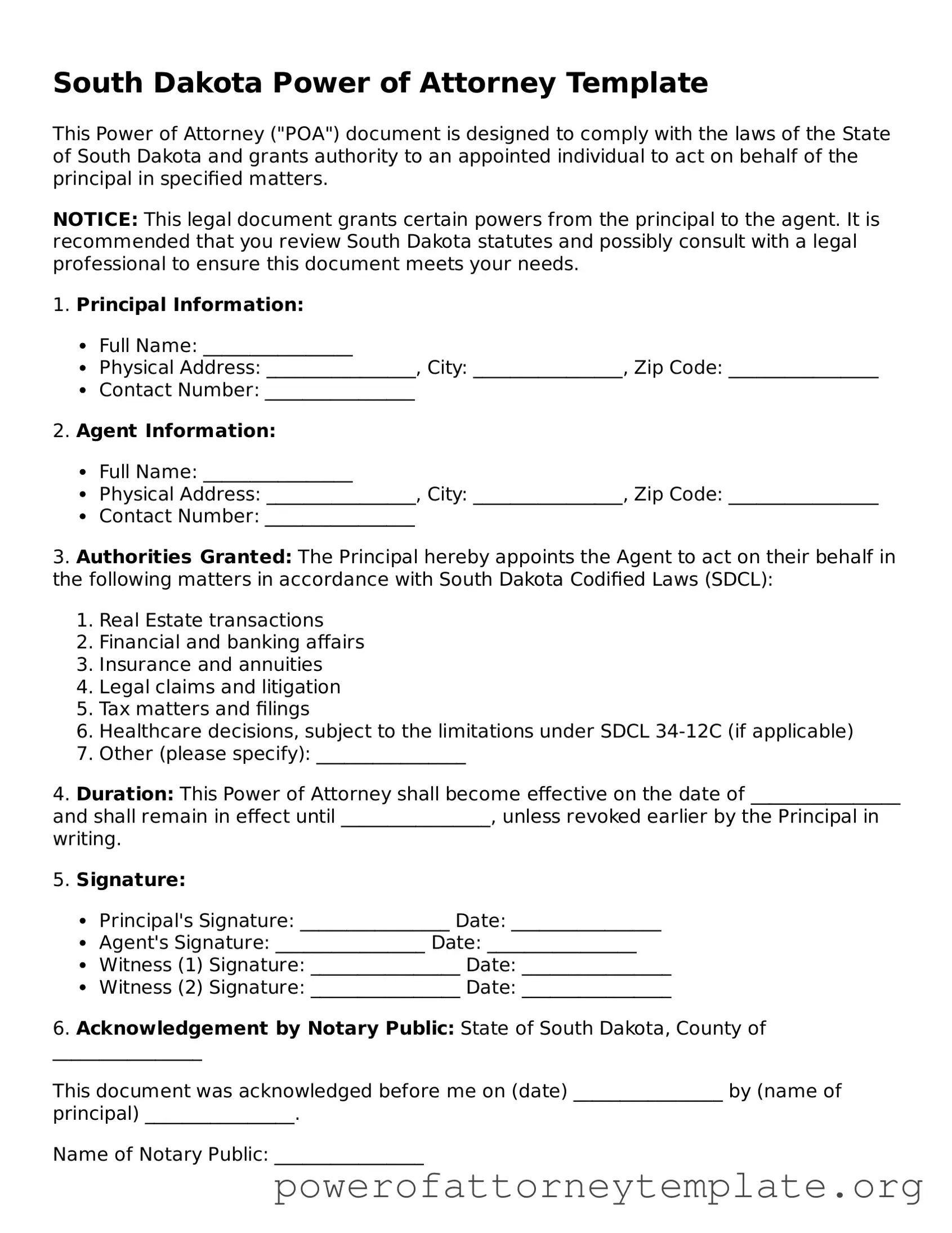 Legal South Dakota Power of Attorney Template
