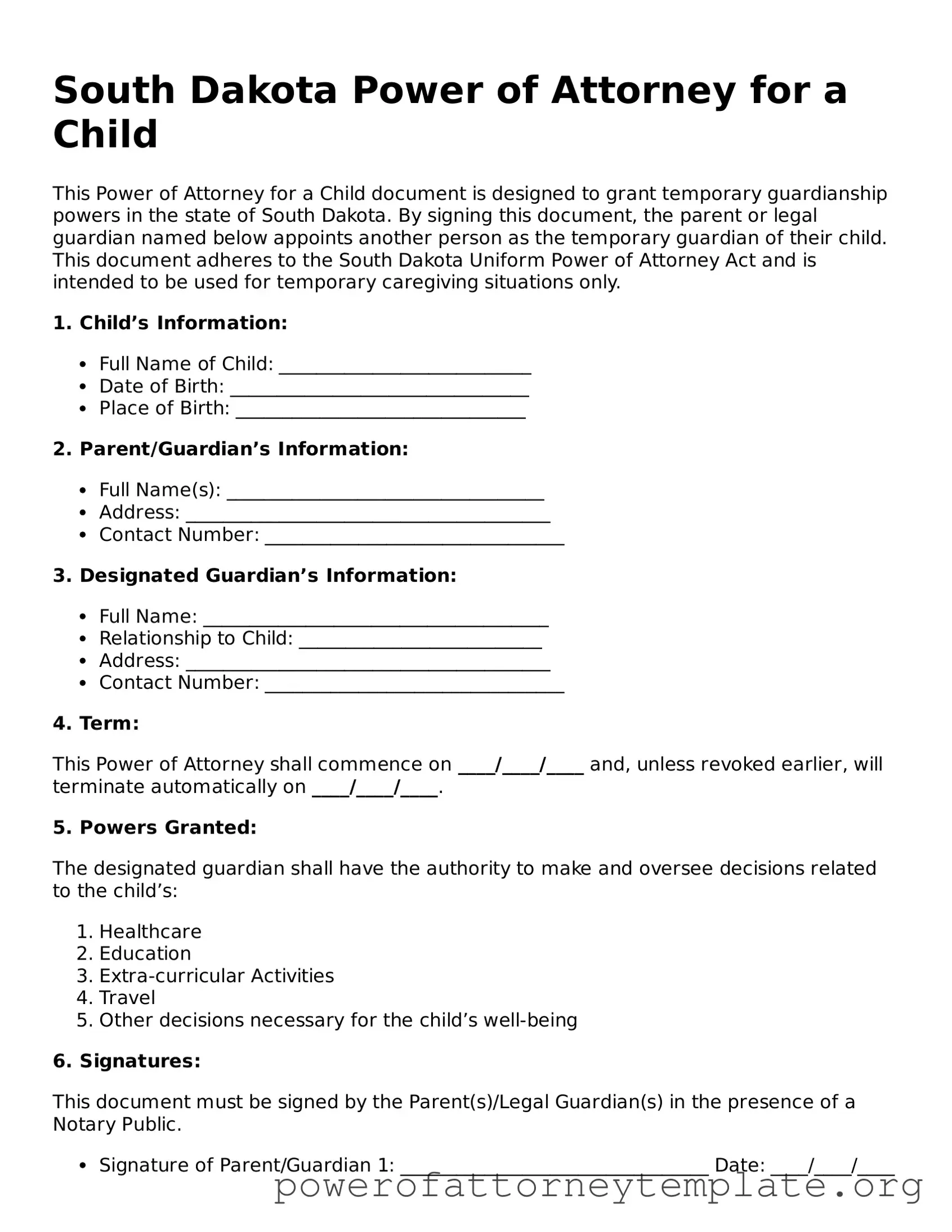 Legal South Dakota Power of Attorney for a Child Template