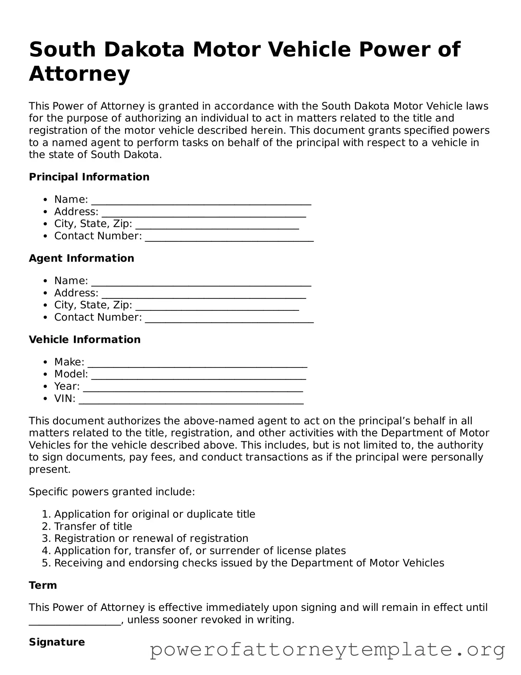 Legal South Dakota Motor Vehicle Power of Attorney Template