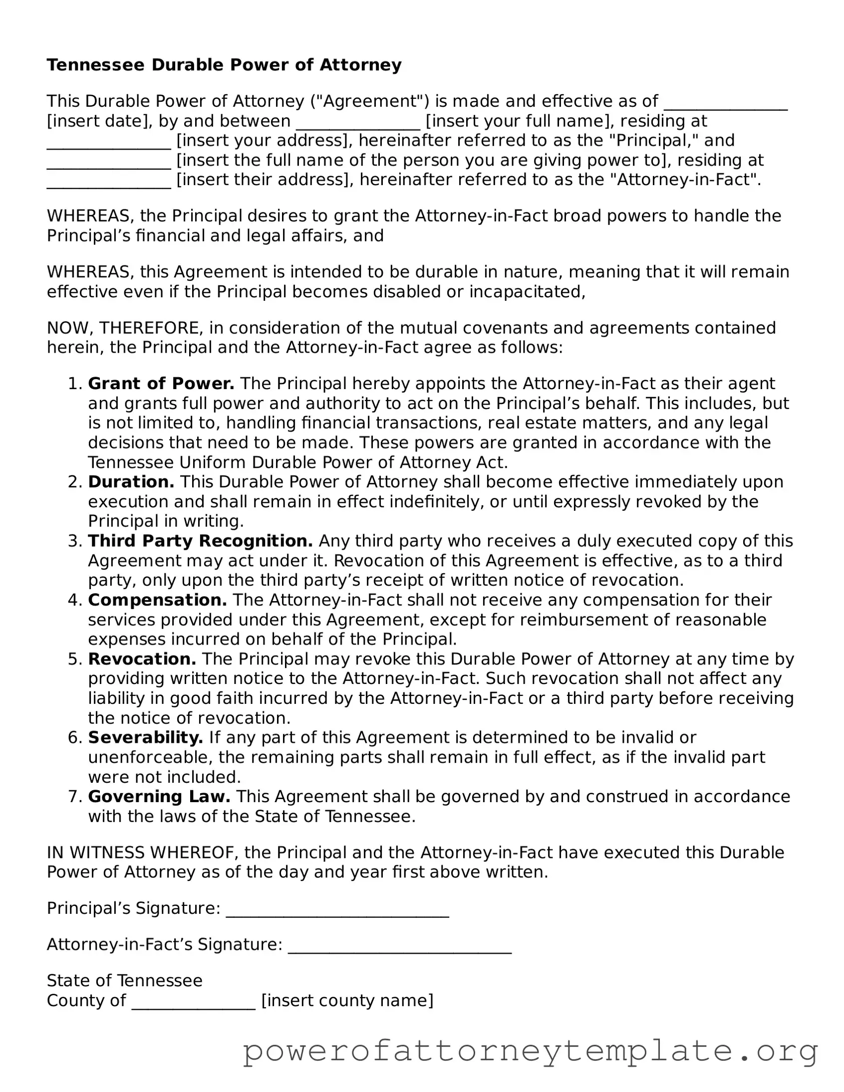 Legal Tennessee Durable Power of Attorney Template