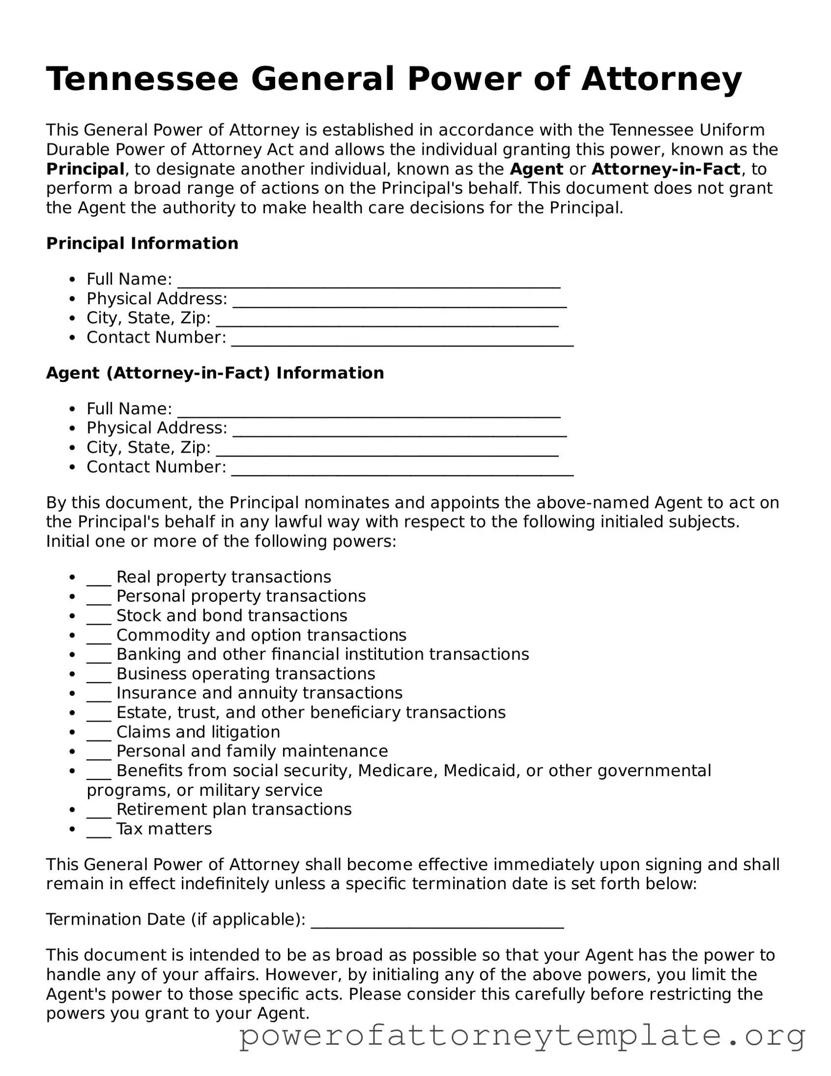 Legal Tennessee General Power of Attorney Template