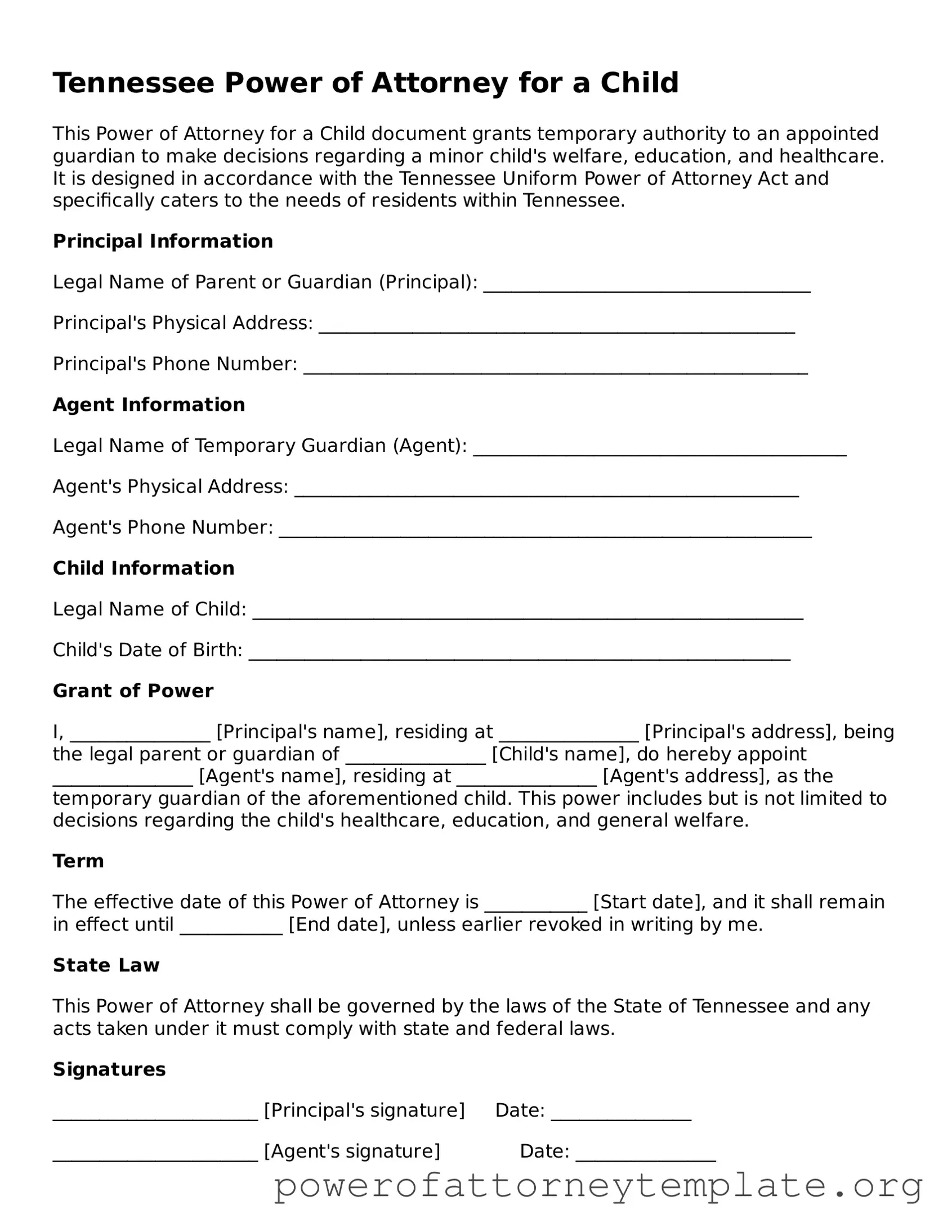 Legal Tennessee Power of Attorney for a Child Template